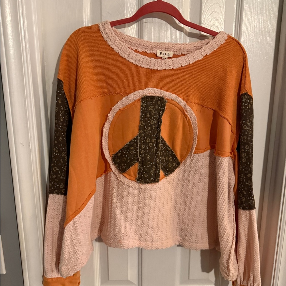 POL Peace Sign Colorblock Long Sleeve Top - Orange & Blush Medium